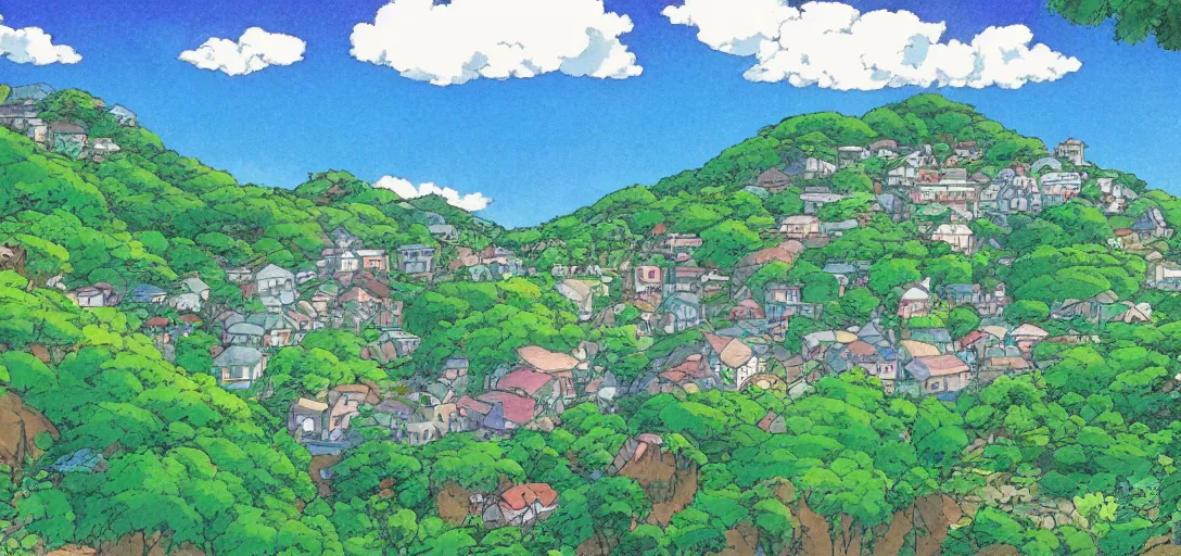 Prompt: studio ghibli style, hilly countryside and ocean