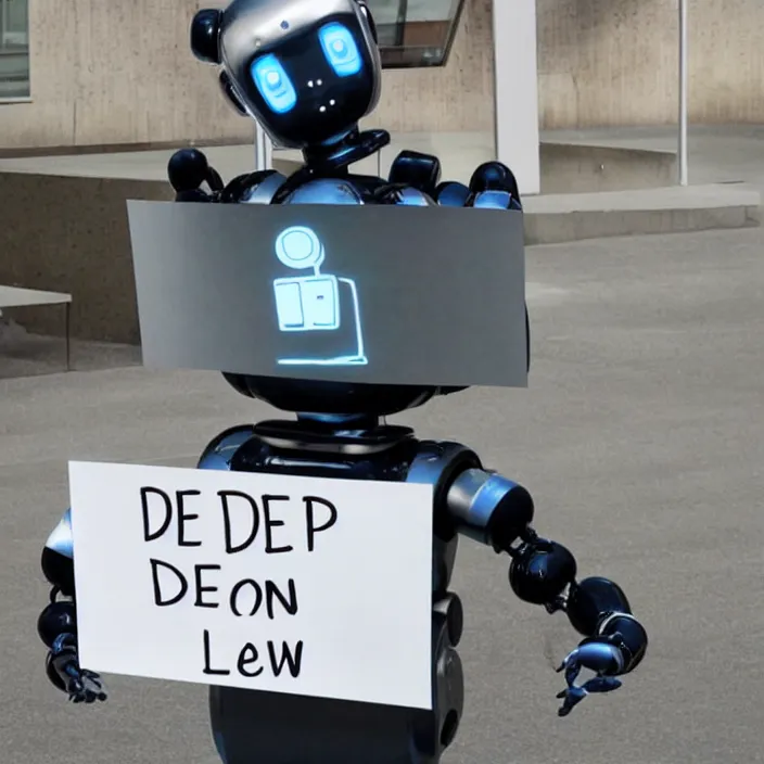 Prompt: a robot holding a sign that reads deep learning