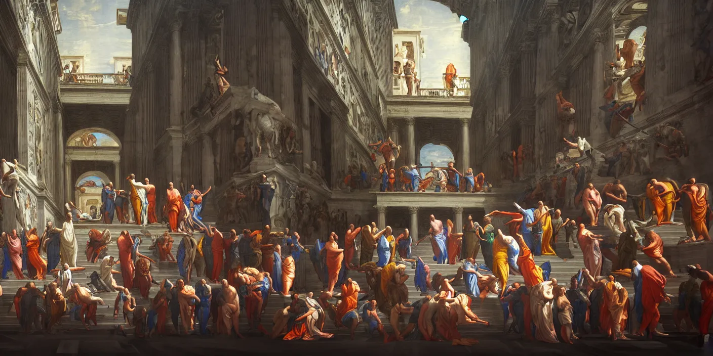 Image similar to the school of athens paiting, cyberpunk, hyper detailed, neon, concept art, award winning concept art