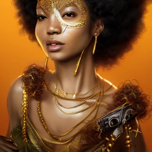 Prompt: the portrait, masked beautiful swahili female violinist, exotic costumes, gold jewelry, black curly afro hair, ultra realistic, illustration by wenjun lin, irakli nadar, bright colors, octopath traveler, wenjun lin, unreal engine 5 highly rendered, global illumination, radiant light, detailed and intricate environment