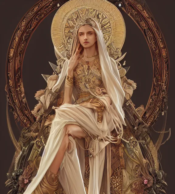 Image similar to god of death and rebirth, elegant dress, very detailed, sat on a throne, very intricate details, elaborate long hairstyle, cinematic, artstation, alphonse mucha, greg rutkowski, rossdraws, octane render