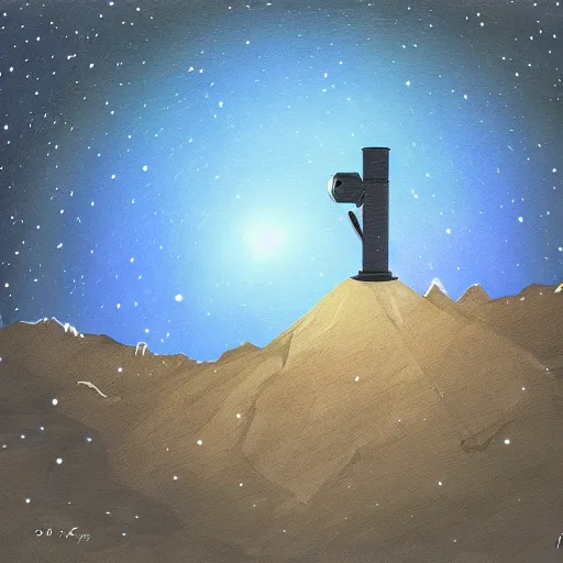 Prompt: a telescope on the summit of a mountain, the night sky filled with stars, digital art, oil on canvas