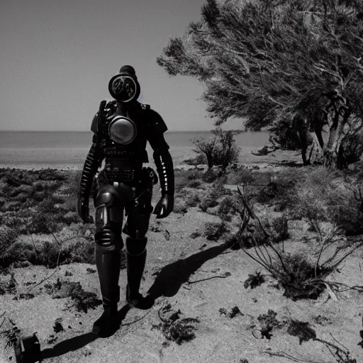 Prompt: a heavily armored man wearing a gasmask walking through a dry ocean, coral trees, film still arriflex 3 5