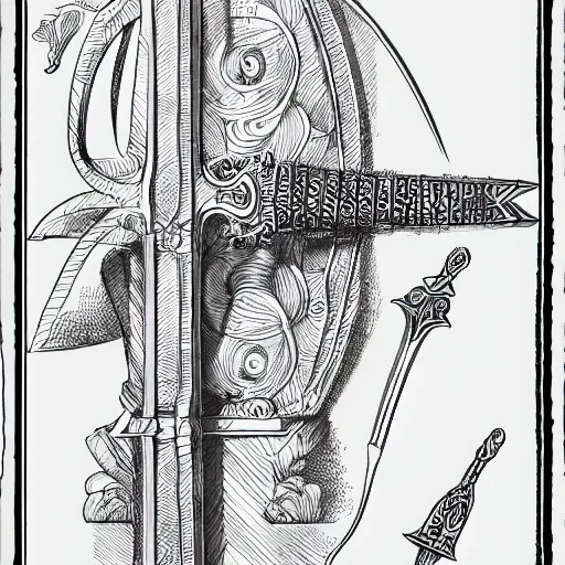 Prompt: black and white pen and ink sword design highly detailed technical drawing center page single item clear defined concept art