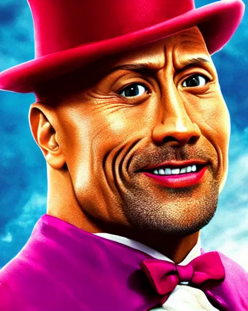 Image similar to Film still close-up shot of Dwayne Johnson as Willy Wonka from the movie Willy Wonka & The Chocolate Factory. Photographic, photography