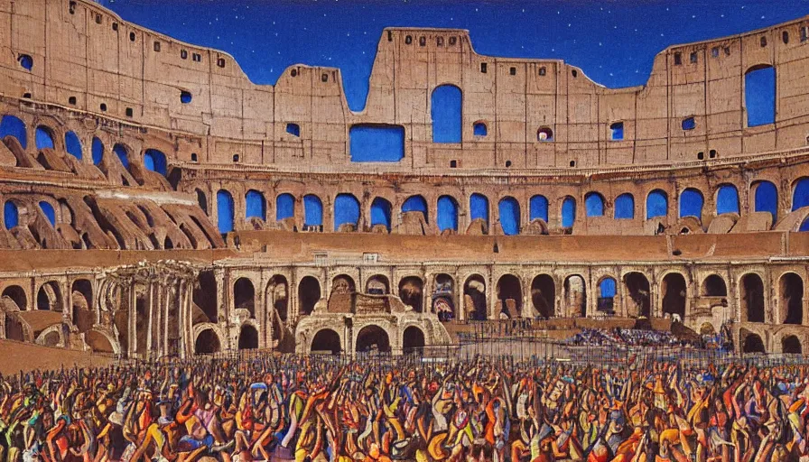 Prompt: rave party at the Colosseum by Kelly Freas