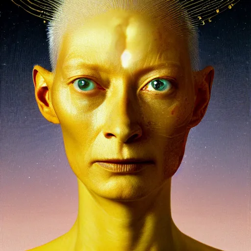 Prompt: Woman masterpiece, Tilda Swinton, gold liquid, bald, multiple halos, blood dripping down the head, yellow, galaxies in the background, golden halo behind her head, wires everywhere, by Edgar Maxence and Ross Tran, Zdzisław Beksiński, and Michael Whelan, gustav dore, H.R. Giger, 8k, octane render