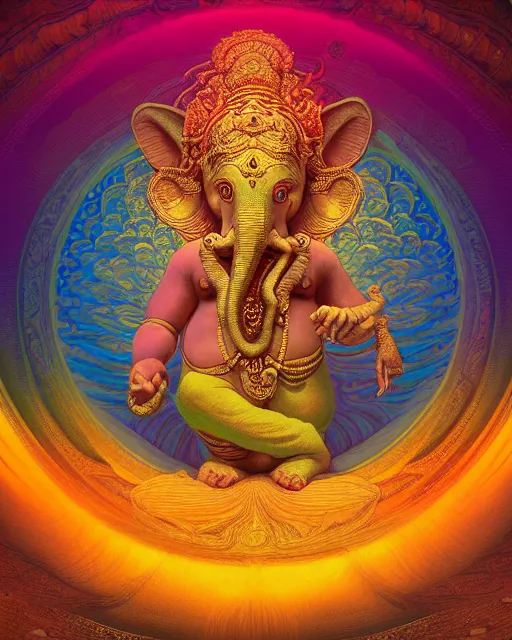 Prompt: psychedelic ganesh of the cosmos, mandelbulb, mandala, coherent design, symmetrical, concept art, vivid color, complementary color, golden ratio, detailed, sharp lines, intricate, rainbowshift, by maxfield parrish, by peter mohrbacher, by gustave dore, by alphonse mucha, deviantart, octane render