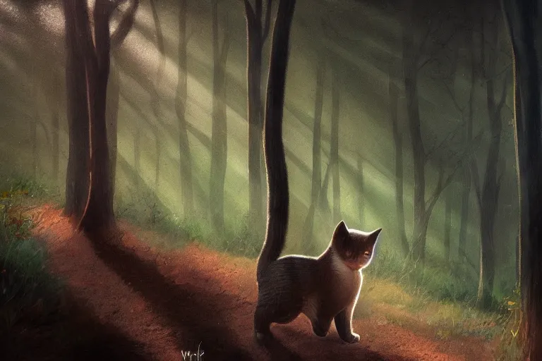 Prompt: a forest with a cat, trending on artstation, by wayne mcloughlin, backlighting, portrait