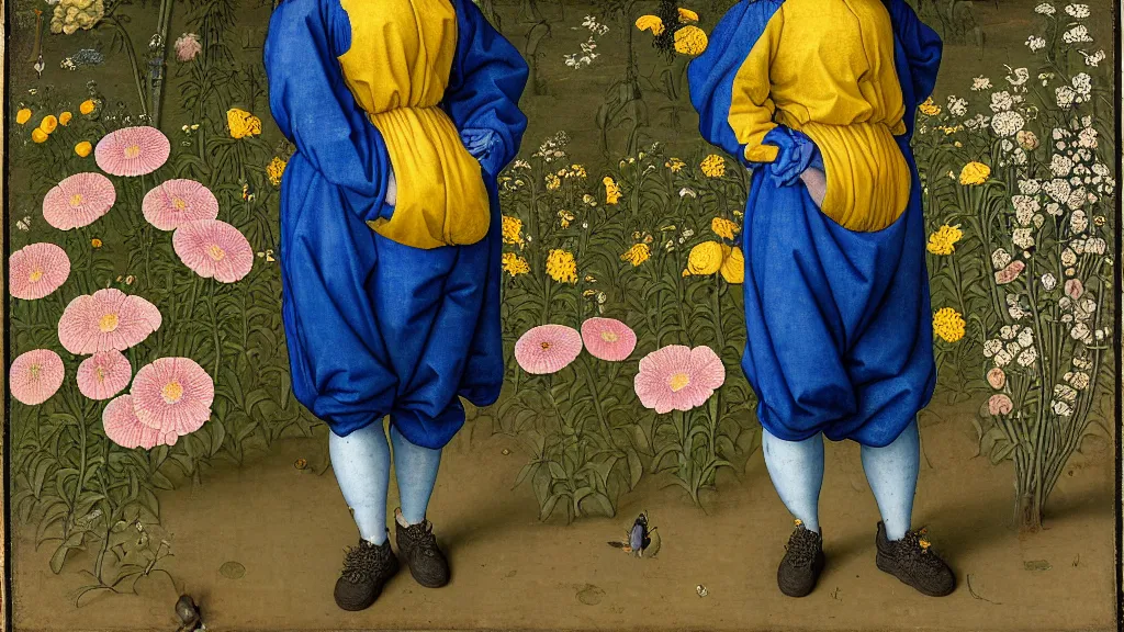 Image similar to portrait of a woman with blue hair buns, wearing a yellow jacket and baggy jeans, standing in a garden full of plants and flowers, intricate details, high detail, in the style of rogier van der weyden and jacopo da pontormo, punk, asian art,