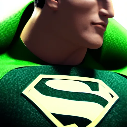 Prompt: still photo of green superman, highly detailed, photorealistic portrait, bright studio setting, studio lighting, crisp quality and light reflections, unreal engine 5 quality render