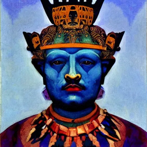 Image similar to the raven crown, by Annie Swynnerton and Nicholas Roerich and Diego Rivera, blue skin, elaborate costume, geometric ornament, rich color, dramatic cinematic lighting, smooth, sharp focus, extremely detailed