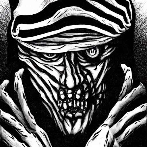 Prompt: Freddy Krueger portrait in the style of Junji Ito. Manga. Black & White. Gothic. Horror. Exquisitely detailed. 4K.