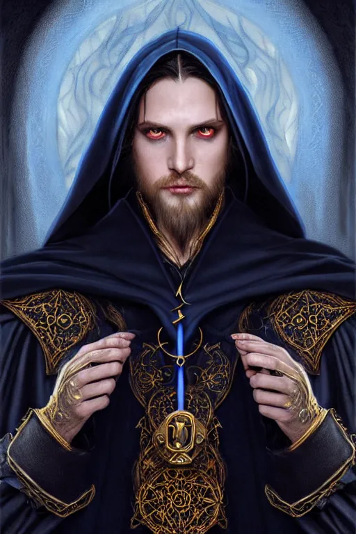 Prompt: handsome mage casting a spell, long black hair blue eyes wearing leather mantle gothic navy cloak with gold details, castle town, fantasy character portrait, ultra realistic, intricate, elegant, cinematic lighting, highly detailed, digital painting, artstation, smooth, sharp, focus, illustration, art by artgerm and greg rutkowski and alphonse mucha