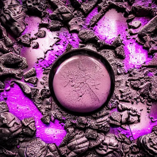 Image similar to 3D sculpture!!!, purple shattered paint!, glowing lava!!!, conglomerate!, slush!!, organized composition!, abstract!, black backdrop!, 4k!, award-winning photo!!!!