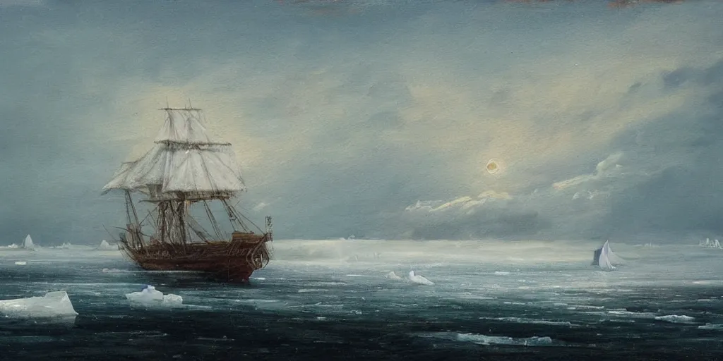 Image similar to “ a single 1 8 0 0 s sail ship stuck in solid white ice, frozen sea, overcast, sun dog, windswept and irregular ice, oil painting ”