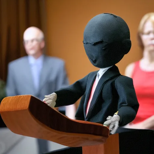 Image similar to marionette president in a podium giving a press conference