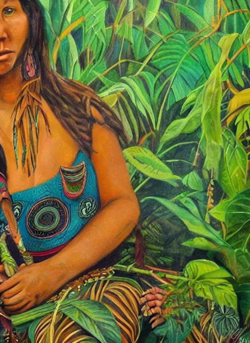 Prompt: a beautiful painting of an indigenous female doing artwork in the jungle, realistic, ayahuasca