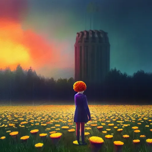 Prompt: giant daisy flower head, standing, a girl in a suit, surreal photography, sunrise, dramatic light, impressionist painting, digital painting, artstation, simon stalenhag