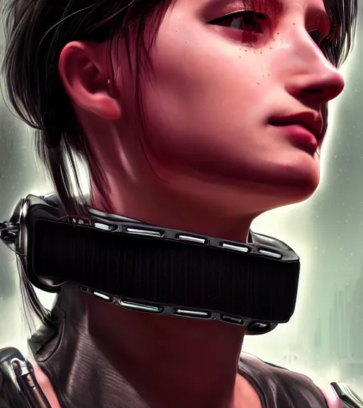 Image similar to detailed realistic female character cyberpunk wearing thick technological collar around neck, realistic, art, beautiful, 4K, collar, choker, collar around neck, punk, artstation, detailed, female, woman, choker, cyberpunk, neon, punk, collar, choker, collar around neck, thick collar, tight around neck, punk,