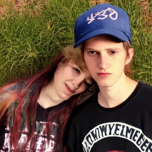 Prompt: 19-year-old girl with shaggy hair standing next to 19-year-old boy with baseball cap, stoner rock and nü metal coexisting, 2022 photograph