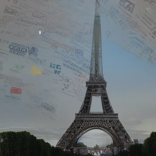 Image similar to A beautiful intricate 8K award-winning cinematic movie photograph of the future Eiffel Tower completely painted over by corporate logos in the year 2043, by Bruno Delbonnel