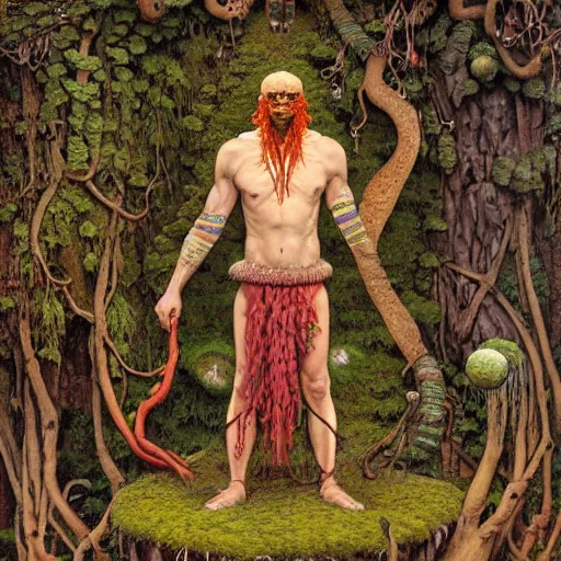 Image similar to Rootpunk Physique Portrait of a Shaman Guy wearing an ivy costume lichen disguised as a human standing atop a red clay pot greg rutkowski jen bartel peter mohrbacher anna podedworna arthur rackham salvador dali octavio ocampo jacek yerka winslow homer norman rockwell uta natsume prismacolor tombow quill