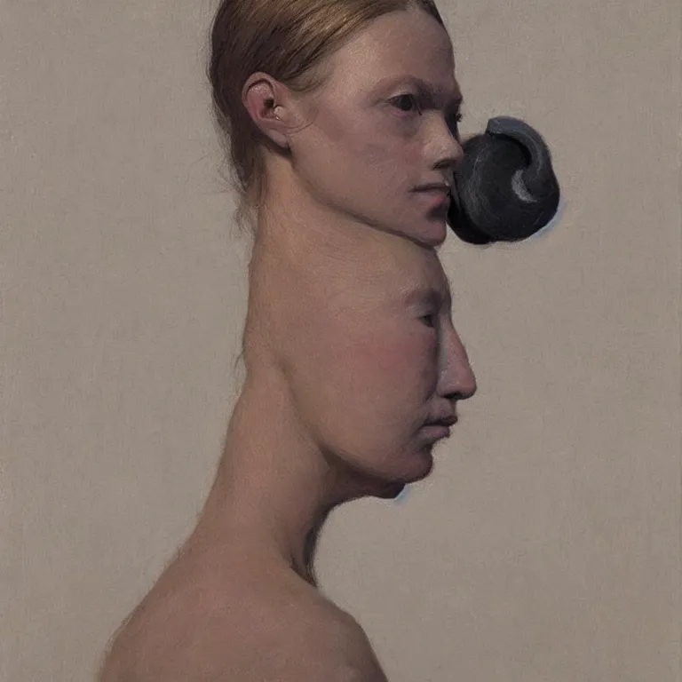 Image similar to woman in headphones portrait with a paper bag over the head, highly detailed, artstation, art by zdislav beksinski, wayne barlowe, edward hopper