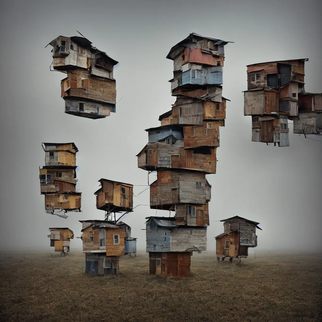 Image similar to towers made up of stacked makeshift squatter shacks with faded colours suspended over a quagmire, plain uniform sky at the back, misty, mamiya, ultra sharp, very detailed, photographed by julie blackmon, cristina de middel and john chiara