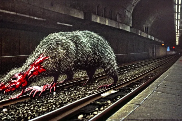 Prompt: very large giant mutant zombie irradiated angry rat sraying on railways in tonnel of moscow subway. extreme high detail, very realistic. low dark light, scary mood. hermann nitsch