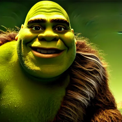 Prompt: zoomed out still from the movie shrek with chewbacca hugging shrek, highly detailed, extremely high quality, hd, 4 k, 8 k, canon 3 0 0 mm, professional photographer, 4 0 mp, lifelike, top - rated, award winning, realistic, detailed lighting, detailed shadows, sharp, no blur, edited, corrected, trending