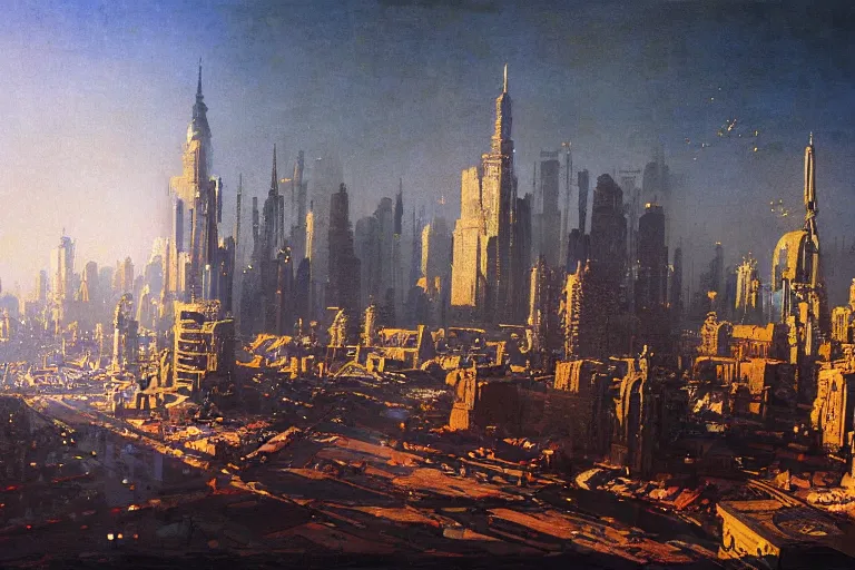 Image similar to city of golden shadows, intricate detailed painting, cityscape, john harris