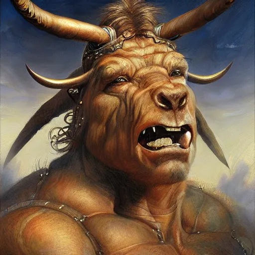 Prompt: Ferocious Minotaur portrait art by Donato Giancola and Bayard Wu, digital art, trending on artstation, 4k