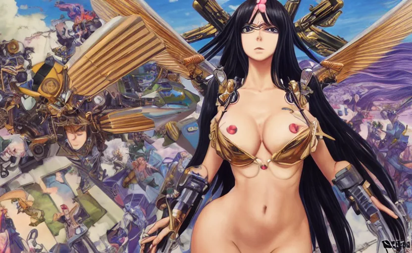 Image similar to mechanized valkyrie of nico robin from one piece, anime style, konami mecha, spread wings, hair down, symmetrical facial features, from arknights, hyper realistic, 4 k, rule of thirds, extreme detail, detailed drawing, trending artstation, hd, d & d, realistic lighting, by alphonse mucha, greg rutkowski