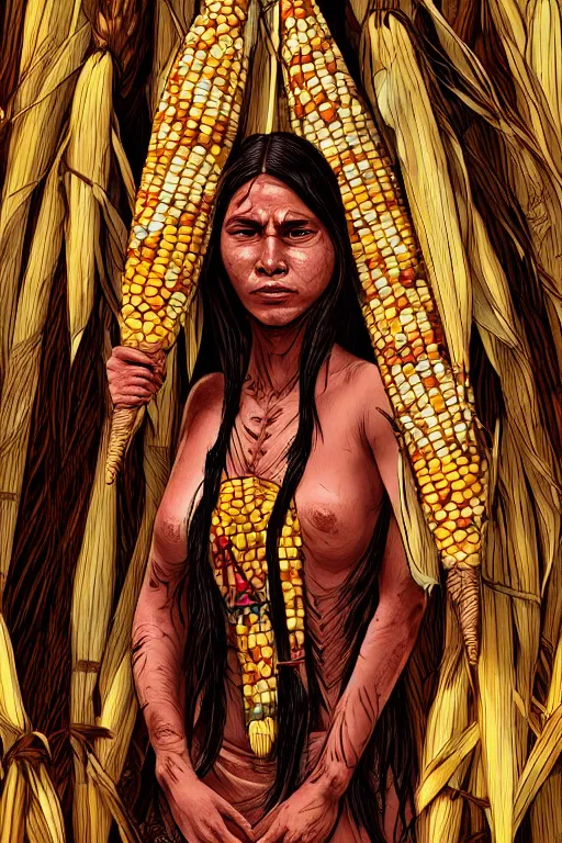 Image similar to a native american with corn for skin, highly detailed, digital art, sharp focus, trending on art station, anime art style