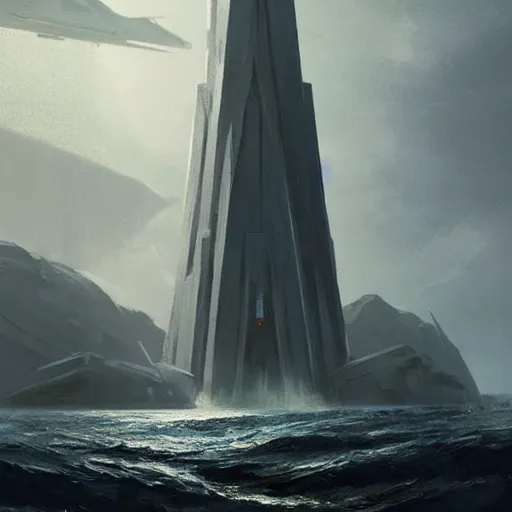 Image similar to star wars concept art by greg rutkowski, a palatial and imposing grey tall triangular pyramid tech tower emerging from the sea in the middle of a ocean landscape, enigmatic atmosphere, beautiful and cinematic lighting, artstation hq.