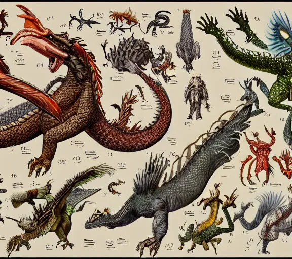 Prompt: an illustrated field guide to dragons showing examples of males and females of each spicies, biological illustrations, art by robert stebbins and terryl whitlatch and david sibley and john james audubon and charles darwin, highly detailed, intricately detailed, 8 k, trending on artstation