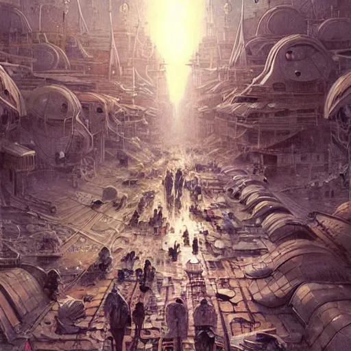 Image similar to It’s crowded streets of Russian Khrushyovkas sleeping quarters on the Moon city, Norilsk, sci-fi, fantasy, intricate, very very beautiful, elegant, highly detailed composition, digital painting, artstation, concept art, smooth, sharp focus, illustration, art by artgerm and greg rutkowski and alphonse mucha