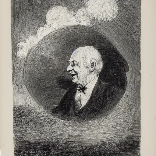 Prompt: candid portrait of white ball with a human face smiling wide, surrounded by clouds, illustrated by peggy fortnum and beatrix potter and sir john tenniel