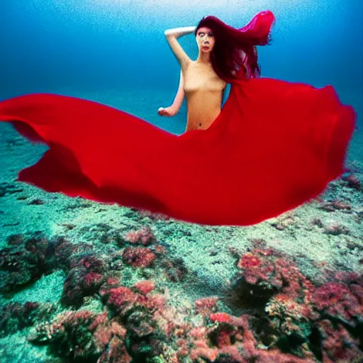 Image similar to beautiful portrait of sensual fashion model in red silk underwater, 35mm film