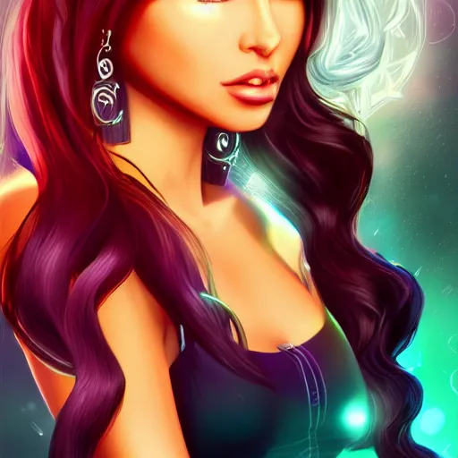 Prompt: portait of haifa wehbe, concept art, long hair centred, hd, very detailed curve, digital painting, unreal engine, sailor moon style, amazing background