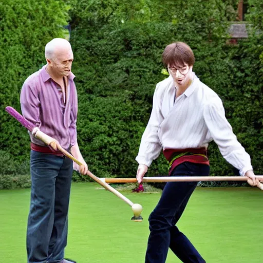 Prompt: Harry Potter and Voldemort play croquet in the garden at hogwarts