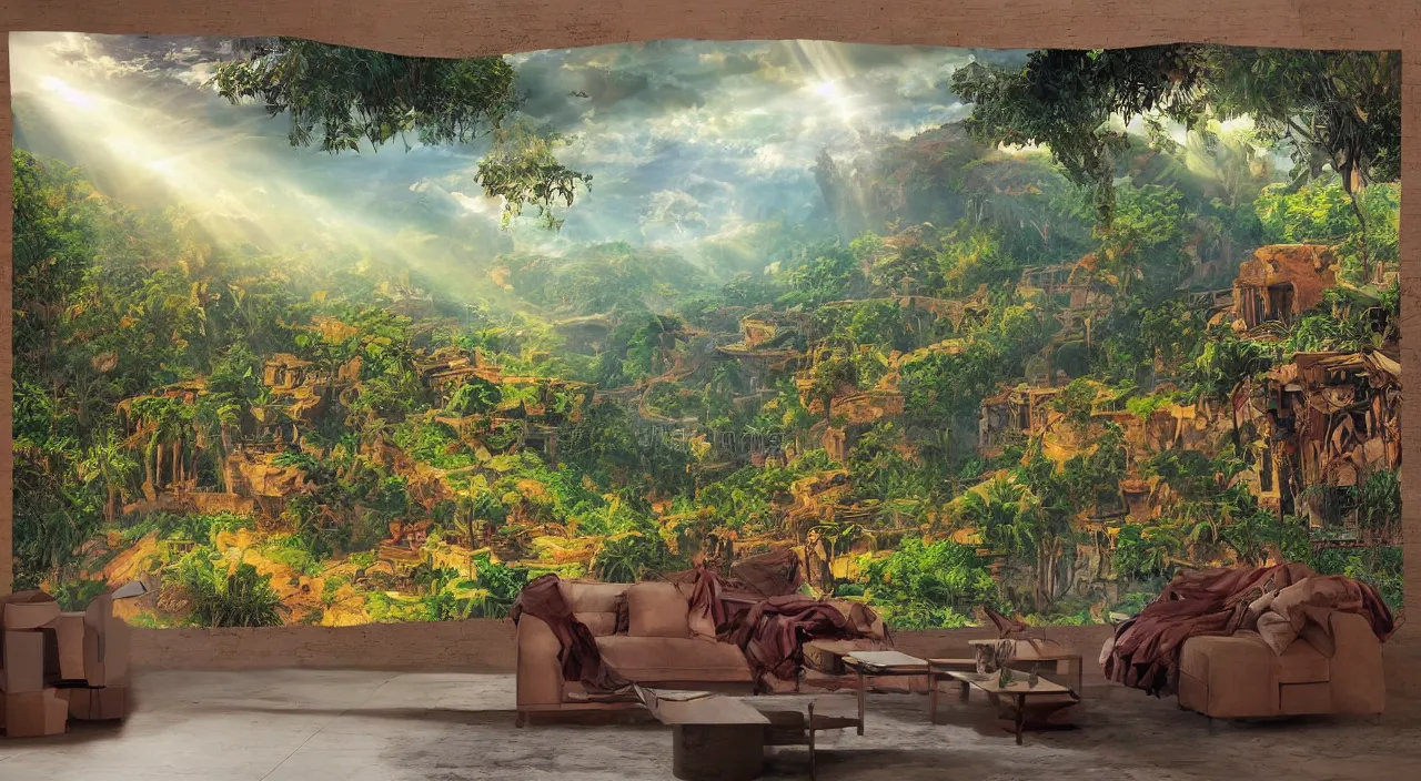 Image similar to zouk fabric wall fortress countryside jungle dirt a spectacular view cinematic rays of sunlight comic book illustration, by john kirby