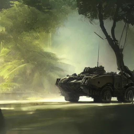 Prompt: an armored vehicle driving through the jungle, dramatic lighting, illustration by Greg rutkowski, yoji shinkawa, 4k, digital art, concept art, trending on artstation