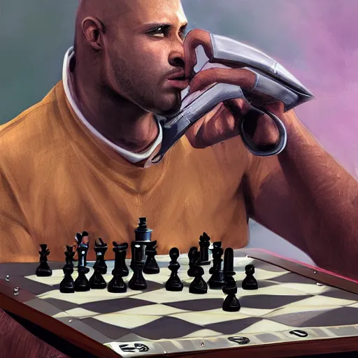 Image similar to knight with mowhawk playing chess, high detail, digital art, smooth, featured on artstation