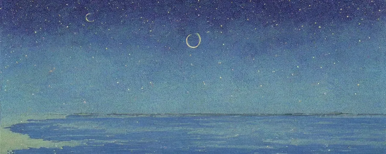 Prompt: ” beautiful starry sky and ocean painted by moebius. ”