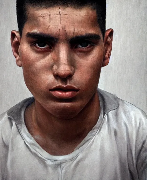 Image similar to heroic portrait of a handsome young mexican prisoner art by denys tsiperko and bogdan rezunenko, hyperrealism