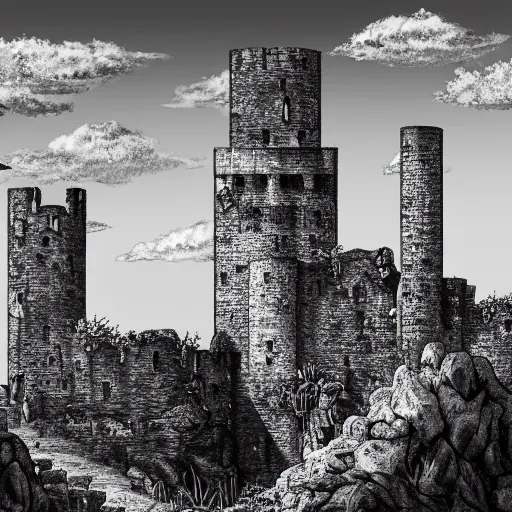 Image similar to ruined castle in the style of kentaro miura, 4 k, 8 k, absolute detailing of even the smallest details and particles, beautiful shadows, beautiful art, black and white drawing