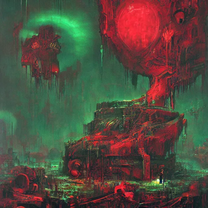 Prompt: gargantuan endless disappointment of crying souls in crack of humanity dissolution, red and green palette, by ( h. r. giger ) and paul lehr