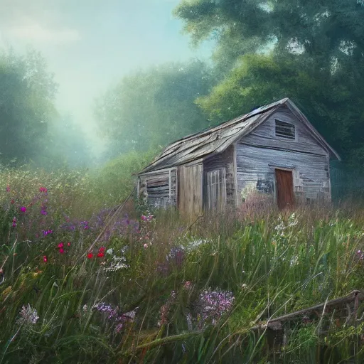 Prompt: a matte painting of a midwestern countryside, shack close up, very overgrown, patchy flowers, oil painting, pale colors, high detail, 8 k, wide angle, trending on artstation,